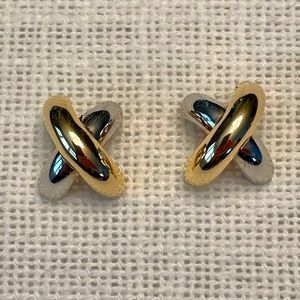 Two-Tone White and Yellow 14 Karat Gold "X" Puffed Post Earrings
